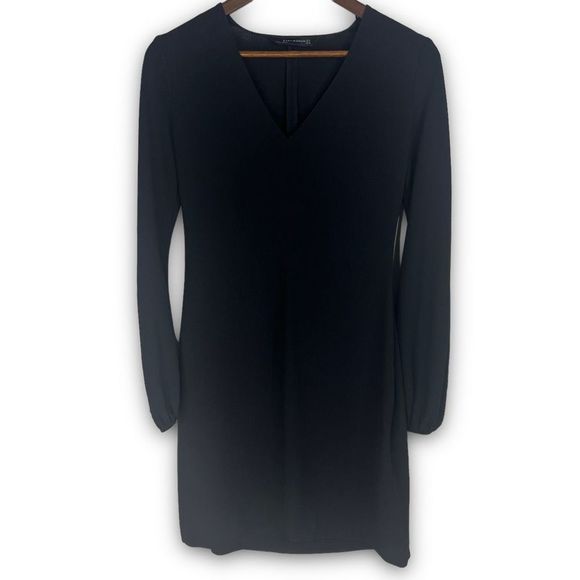 Zara Black V Neck Long Sleeve Tunic Bodycon Mini Sheath Dress‎ Size Small - Picture 1 of 14